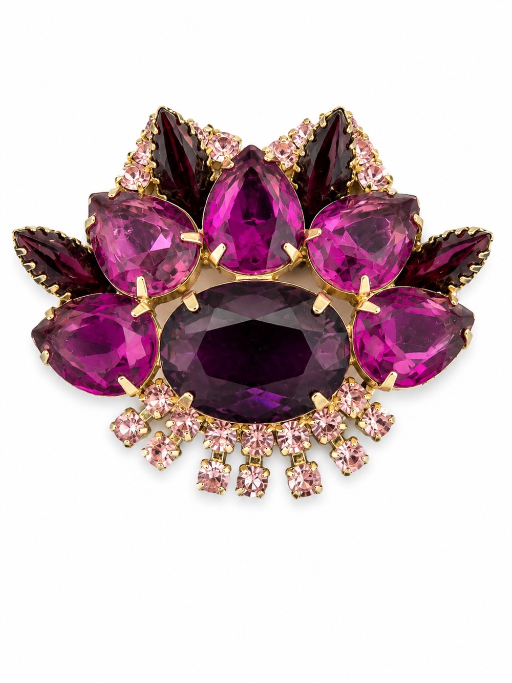 Vintage Purple & Black Rhinestone Floral Brooch Gold Tone Pink  Crystal Pin